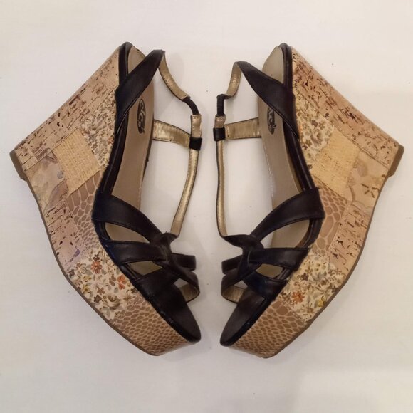 Rue21 Etc! Black Strappy Sandals with Brown Patchwork Print Wedges Shoes size L - Picture 6 of 6